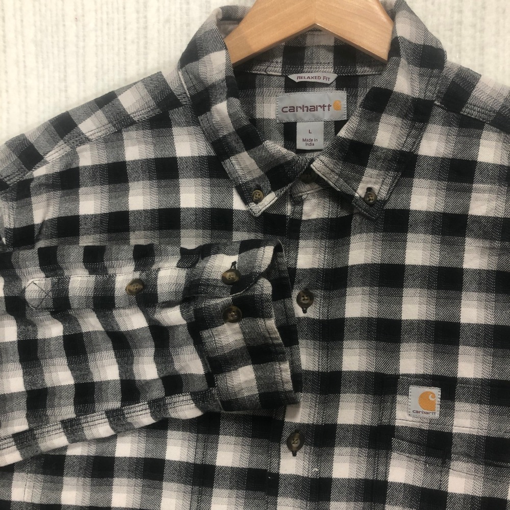 Carhartt‎ Relaxed Fit Flannel Shirt Black White Plaid Button Up Men's Size Large